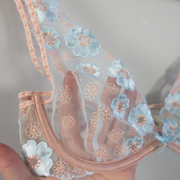 For Love & Lemons Aurora Underwire Bra XS Pink Blue Floral Applique Designer 38 - Picture 6 of 12